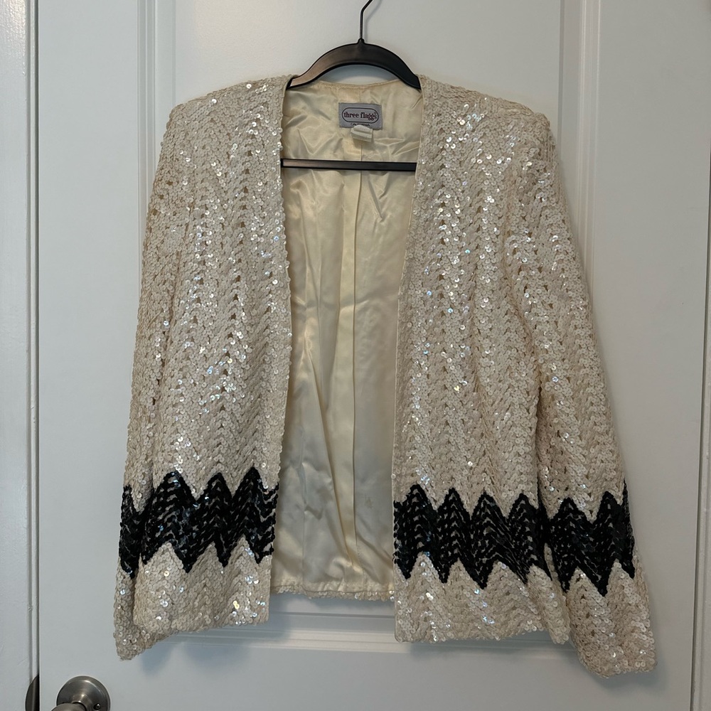 Grace Elements Cream Sequin Open Jacket With Blac… - image 1